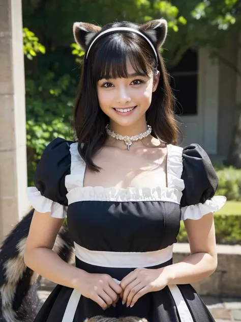 ((Best Quality, 8k)), ((masterpiece)), (Highest Resolution), Perfect Face, Woman with raccoon ears, Woman with a tail, Beautiful woman, She is a maid, This was taken outside the castle, Only one tail, She has thick thighs, Her big raccoon tail, I can see h...