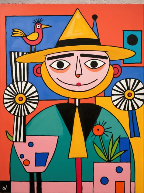 in the style of thierry noir（artist）， a painting with a funny looking cat with a hat holding a red bird , in the style of de sti...