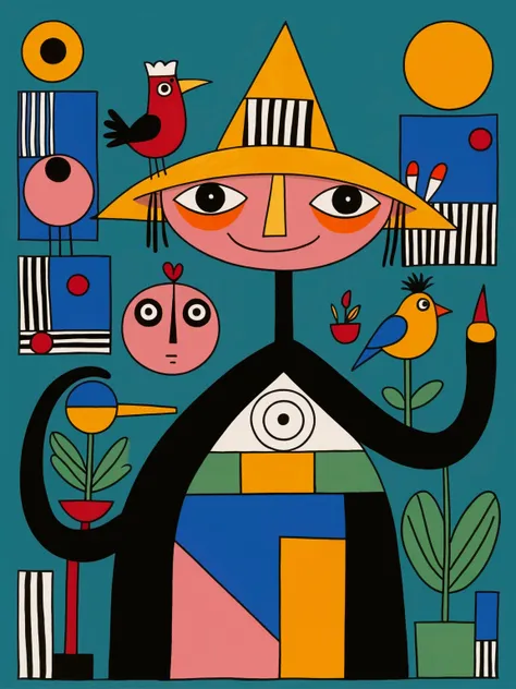 in the style of thierry noir（artist）， a painting with a funny looking cat with a hat holding a red bird , in the style of de sti...