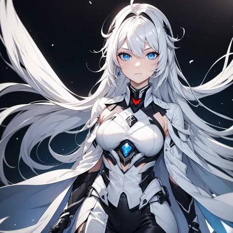 Gray Hair, blue eyes, beautiful female, Black military uniform, White leather clothing, White Cape, Black leather clothing, Black gloves, Arms crossed，
Big Ahoge,In front of a spaceship floating in space
 