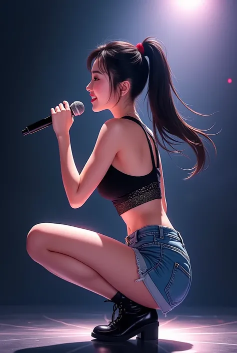 painterly anime artwork, (Realistic:1.5), (Hyper realistic:1.4), (flare_reflections) hdr, close-up, Li Bingbing, korean, on stage, (from_below:1.2)
Black ponytail,short mesh tank top, jean shorts, stage microphone, squats, smile, brown eyes, dark backgroun...