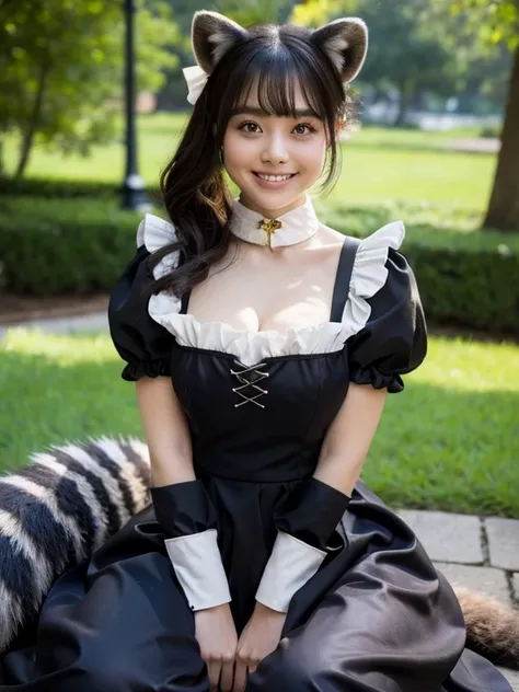 ((Best Quality, 8k)), ((masterpiece)), (Highest Resolution), Perfect Face, Woman with raccoon ears, Woman with a tail, Beautiful woman, She is a maid, This was taken outside the castle, Only one tail, She has thick thighs, Her big raccoon tail, I can see h...