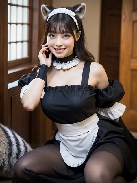 ((Best Quality, 8k)), ((masterpiece)), (Highest Resolution), Perfect Face, Woman with raccoon ears, Woman with a tail, Beautiful woman, She is a maid, This was taken outside the castle, Only one tail, She has thick thighs, Her big raccoon tail, I can see h...