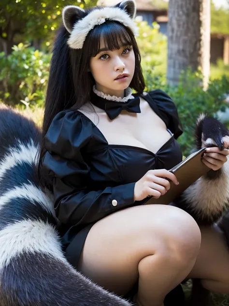 ((Best Quality, 8k)), ((masterpiece)), (Highest Resolution), Perfect Face, Woman with raccoon ears, Woman with a tail, Beautiful woman, She is a maid, This was taken outside the castle, Only one tail, She has thick thighs, Her big raccoon tail, I can see h...