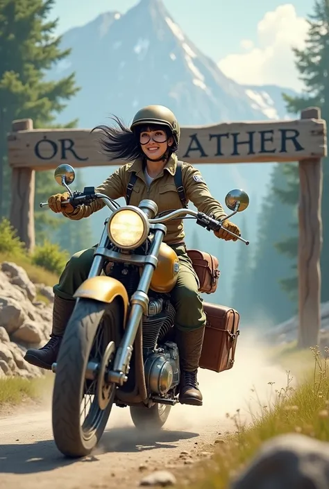 After passing through a large wooden arch with the words OR LEATHER written in capital letters、Beautiful and attractive smiling woman with short dark hair in vintage helmet、goggles、Military jacket、Cargo pants、Gloves、Wearing boots、A sturdy motorcycle with b...