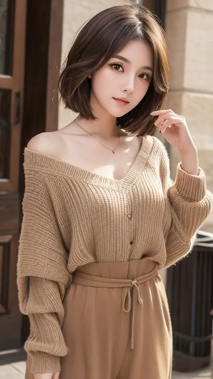 1 girl, Alone, cute, View your viewers, Beautiful body, , (Brown short bob hair), (Medium chest), (Brown eyes), Very lifelike eyes, Stylish casual outfit, Beautiful environment, Very detailed, masterpiece, Best Quality, Best Quality, High resolution, (mast...