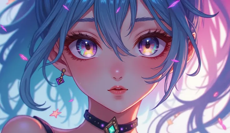 Close-up of a woman with colorful hair and necklace, anime girl with cosmic hair, Rossdraws soft vitality, Gouvez style artwork, fantasy art style, colorful], vibrant fantasy style, Rossdraws cartoon full of vitality, cosmic and colorful, Guweiz, colorful ...