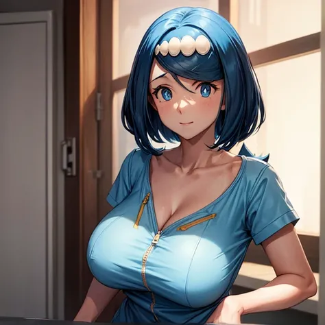 His penis is sticking out of his zipper　Women with growing penises　Nurse uniform　Upper body naked　Blue Hair　　Large Breasts　Her chest is visible through the zipper