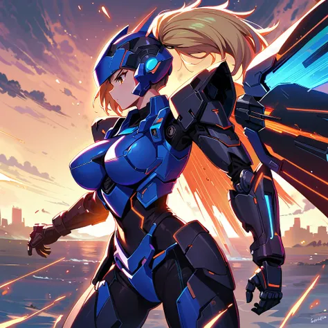 Anime, high detailed, 1 girl, Blondie, long lenght hair, side little ponytail, Large breasts,mecha armor, sky-blue armor, cleava, mechanical Gauntlet, large mechanical wings, lazer blade, sparks, Bio-sparks, blue ondulating Aura, sheen aura, curvy body