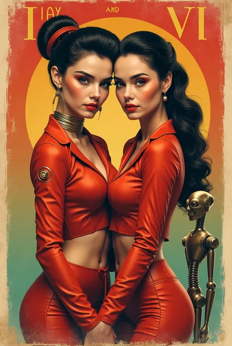 Arcane movie poster, "JINX and VI" title, (retro:1.2), iconic design, (stylish visuals:1.1), vintage aesthetics, in red and gold retrofuturistic outfit, hair up in sofisticated hairstyle, next to her (( iconic robot)) of 50s tv series,(cinematic vibe), (co...