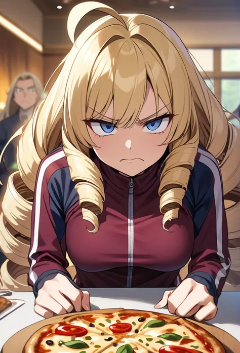 woman,, View your audience, Long Hair, Ahoge, blonde, Drill Hair, blue eyes, Slanted Eyes, Serious face, Maroon zippered sportswear, Eat the pizza on the table, Aristocrat&#39;s Room、, Upper Body、A room full of Japanese anime posters, Speedy Shot, Top qual...