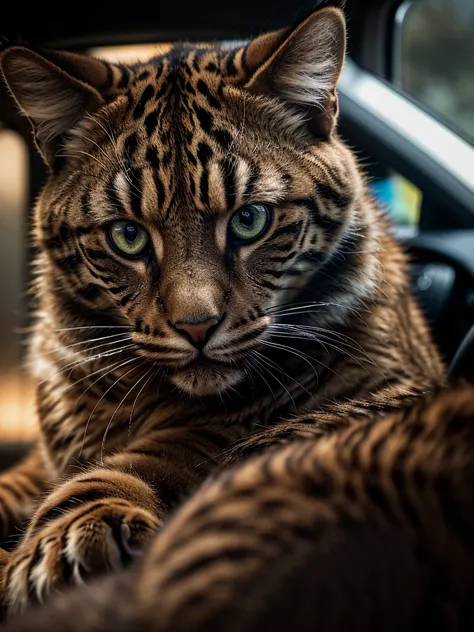 a big cat, close-up portrait, driving a large truck, tripping with kittens, detailed fur, detailed eyes, detailed expression, high quality, photo-realistic, 8k, hyperdetailed, cinematic lighting, dramatic lighting, moody lighting, vibrant colors, dynamic c...