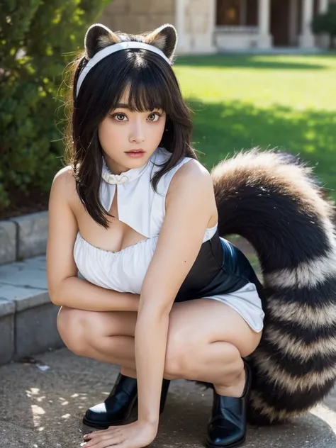 ((Best Quality, 8k)), ((masterpiece)), (Highest Resolution), Perfect Face, Woman with raccoon ears, Woman with a tail, Beautiful woman, She is a maid, This was taken outside the castle, Only one tail, She has thick thighs, Her big raccoon tail, I can see h...