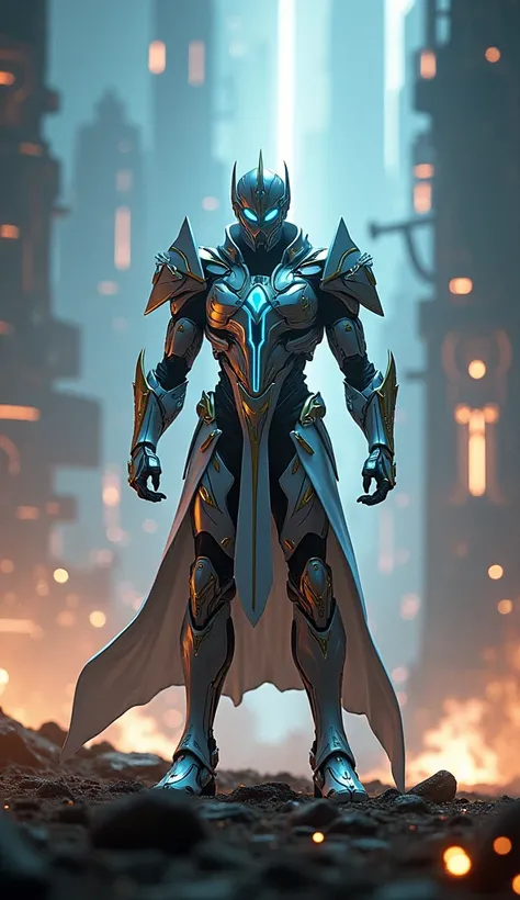 (masterpiece:1.2), (best quality, ultra-detailed, 8k, cinematic lighting), An **epic Warframe scene** featuring a powerful **male Warframe** character in full battle armor, standing heroically in the center of a **futuristic, war-torn environment**. The ar...