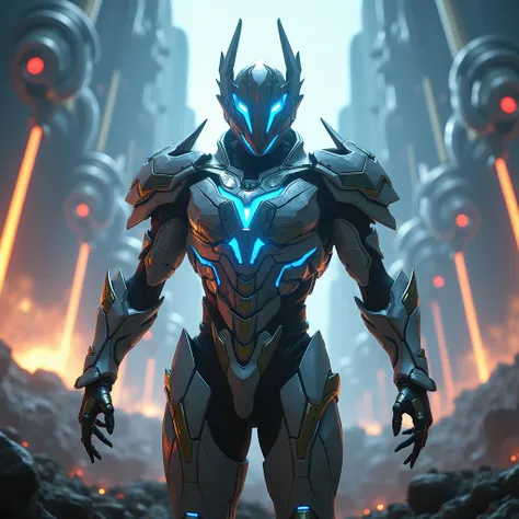 (masterpiece:1.2), (best quality, ultra-detailed, 8k, cinematic lighting), An **epic Warframe scene** featuring a powerful **male Warframe** character in full battle armor, standing heroically in the center of a **futuristic, war-torn environment**. The ar...