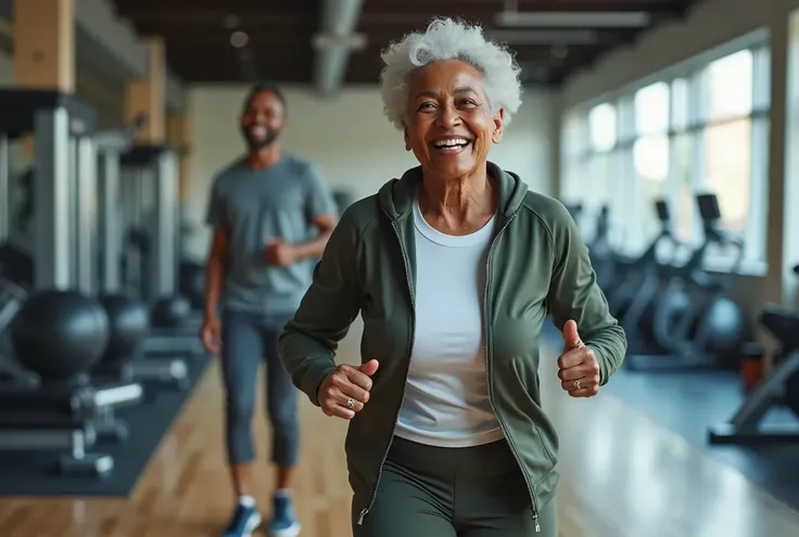 Elderly smiling black woman exercising in gym, African-American senior lady wearing sport suit working out, promoting an active lifestyle and engagement in sports