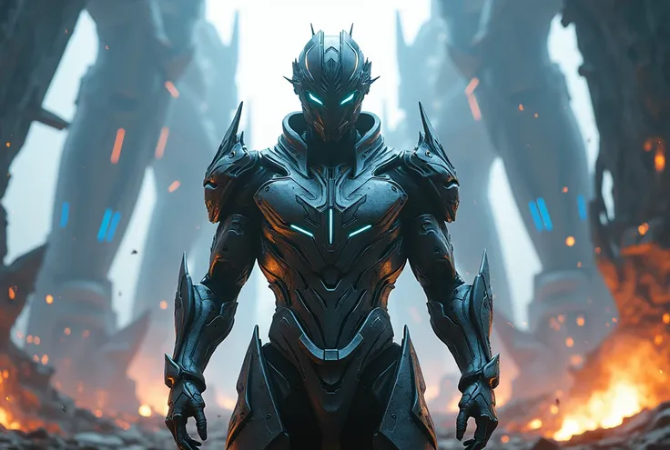 (masterpiece:1.2), (best quality, ultra-detailed, 8k, cinematic lighting), An **epic Warframe scene** featuring a powerful **male Warframe** character in full battle armor, standing heroically in the center of a **futuristic, war-torn environment**. The ar...