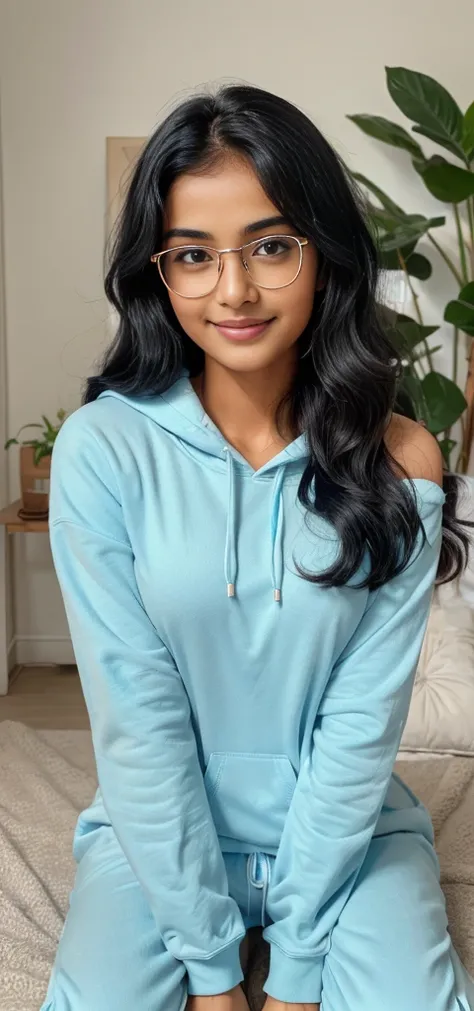 Cute Indian girl fair skin, innocent smile , wavy black hair detail, wearing glasses, cute eyes , wearing casual on shoulder clothes light blue hoodie and pick pajamas , beautiful nose, juicy lips , innocent face , and perfect breast , white glowing skin ,...