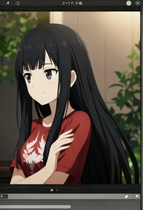 1girl, black hair, long hair, black eyes, granatum shirt, light smile, CG, screenshot