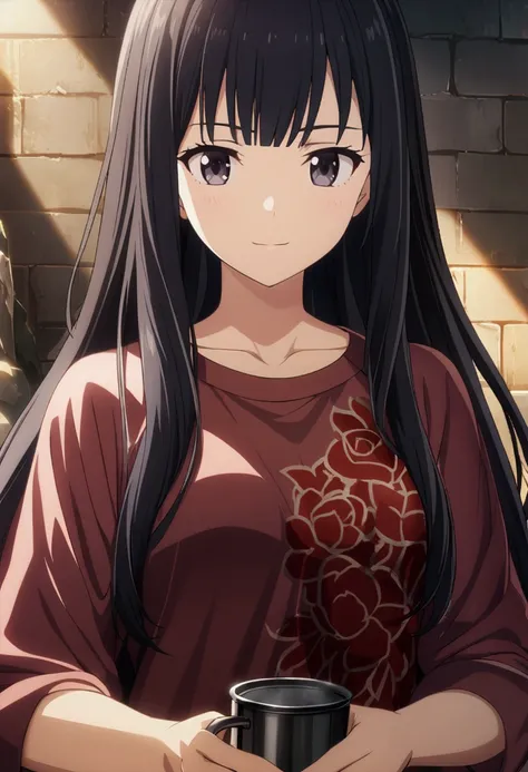 1girl, black hair, long hair, black eyes, granatum shirt, light smile, CG, screenshot