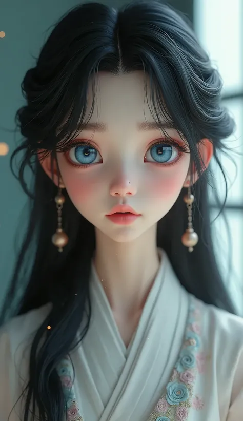 Cute 1girl, Solo, Breasts, Traditional dresses, Long Hair, Black Hair, 3D Rendering, big Blue eyes, Masterpiece, Accurate, High Resolution, Detail, High Details, High Quality, Eye Reflection, Mole Under Eye, Glowing Eyes, 