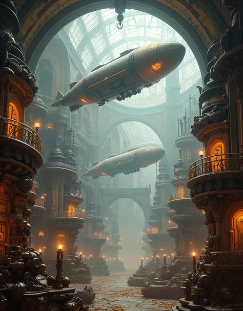 A steampunk Victorian era futuristic scene, intricate mechanical gears, glass dome, airships, futuristic technology, brass and copper accents, detailed clockwork mechanisms, elaborate Victorian architecture, glowing neon lights, dramatic lighting, cinemati...