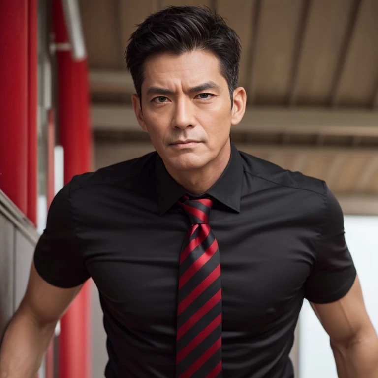 50 years old,1 male,、Black Shirt、Red Tie、black slim pants　Menacing look、Muscular、logic, Gay,Short Hair　,The Face of Japan,、　Stubble、　Upper body close-up、View from below