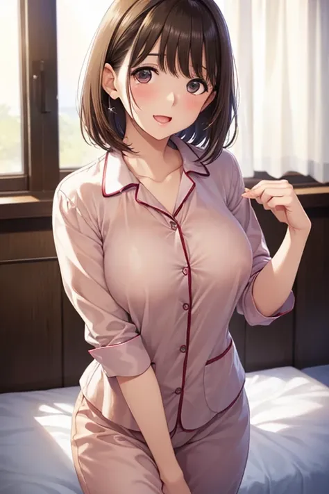 my grandmother、Shiny brown hair, Short Hair, (Beautiful brown eyes、Sparkling eyes, Fine grain)、smile、Ultra-detailed eyes、Highly detailed face, Highly detailed eyes,Cowboy Shot、


(masterpiece:1.2, Best Quality), nsfw,
1 female,Pajamas with visible nipples、...