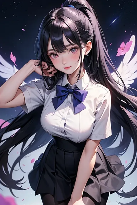 best quality, masterpiece,, Illustration, Wallpaper,1girl, solo, school uniform, white shirt, black skirt, light  hair, semi-long hair, beautiful detailed girl, extremely detailed eyes and face, beautiful detailed eyes, shy, natural_lighting, glow,nsfw, cl...