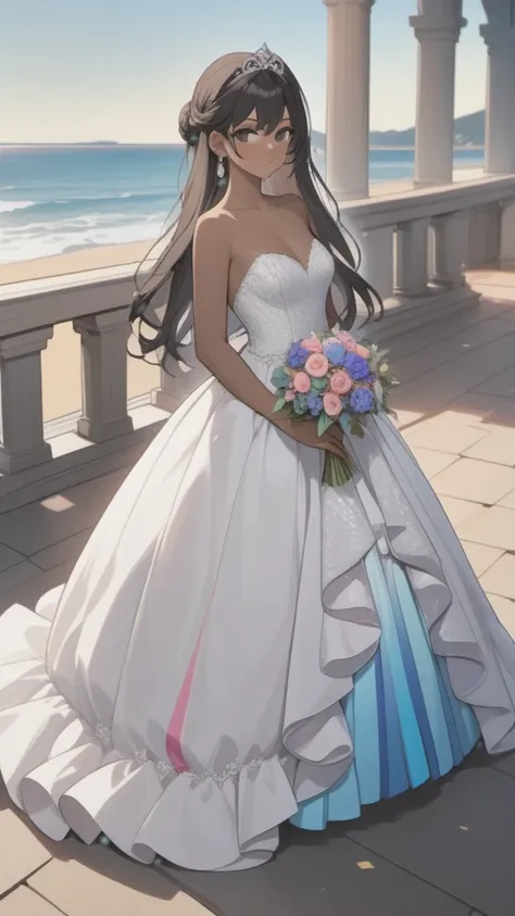 a woman with a strapless wedding dress, with trans flag colors(blue, white, pink), black eyes,(((brown skin))), purple tiara, long wavy black hair, wearing high heels sandals, standing on church, holding a bouquet, cute smile, posing, face blushing, beach ...