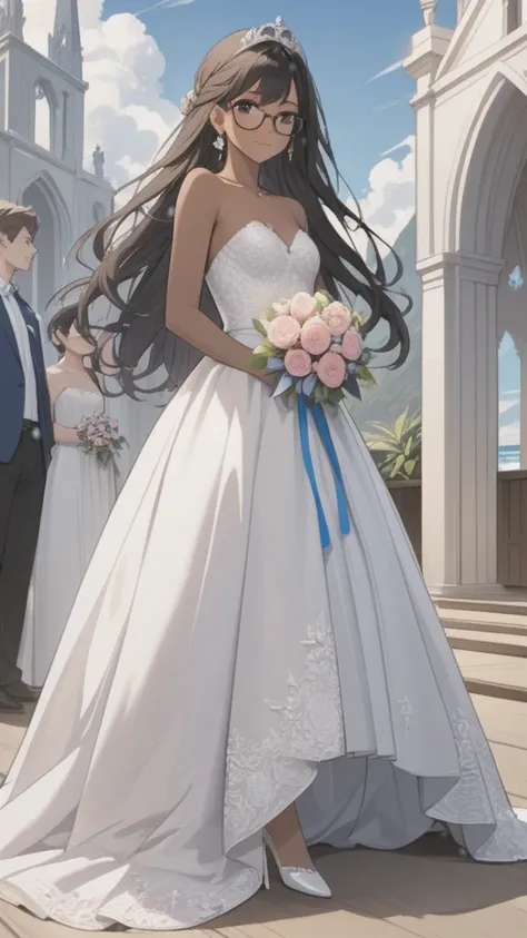 a woman with a strapless wedding dress, lace top, with trans flag colors(blue, white, pink), black eyes,(((brown skin))), purple tiara, long wavy black hair, wearing silver high heels sandals, standing on church, holding a bouquet, cute smile, posing, face...