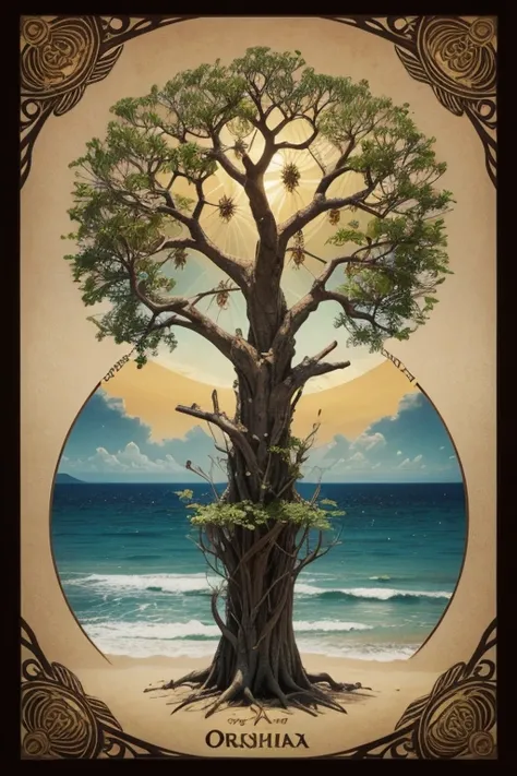 create a representation of the tree of life and the orishas, with seven branches, Ramos, sheets, roots, with the name of each orixá next to his drawing, each orixá must be on a branch of the tree. the orishas represented must be Oxóssi, oxum, I hope, ieman...