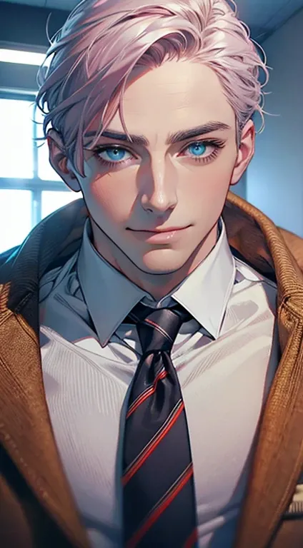 (Highest quality,4K,8K,High resolution,masterpiece:1.2),Super detailed,(Realistic,photoRealistic,photo-Realistic:1.37),1 personld,Mature Men,Beautiful skin、very handsome,Expressionless,smile,Short gray pink hair,blue eyes,Sharp Eyes,A perfect face without ...