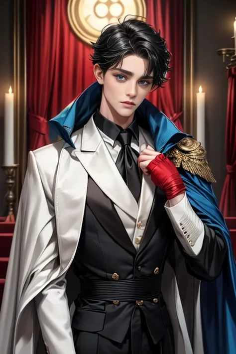 masterpiece, 最high quality, high quality, 1 boy, alone, Male focus, Upper Body,Watching the audience, Messy black hair, Adorable big blue eyes, White, Noble, Noble,A black and red cape that is bursting with sexy volume、Tuxedo、A very voluminous, large, very...