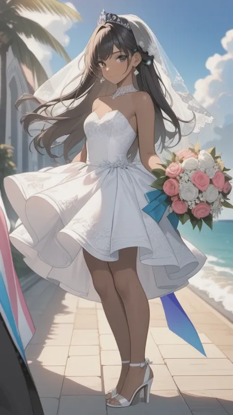 a woman with a strapless wedding dress, lace top, with trans flag colors(blue, white, pink), black eyes,(((brown skin))), transparent wedding veil, wearing white finger gloves, purple tiara, long wavy black hair, wearing silver high heels sandals, standing...