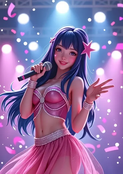 Female Idols、Long dark blue hair with purple highlights、Starlight in your eyes、Full of joy and passion、Pink sparkling idol costume、Star hair ornament、holding a microphone in one hand、Point your finger at the audience with your other hand、She has a playful ...