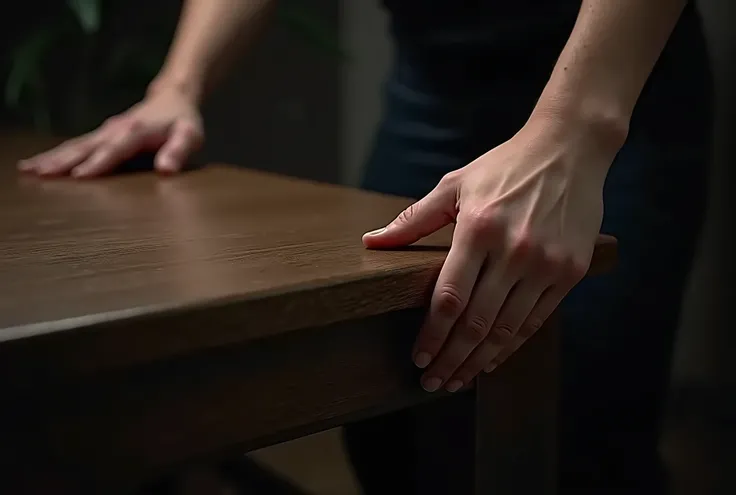 real photo, realism, ultra HD result, 4k, very detailed, POV close up both hands on the edge of a smooth dark brown wooden table pushing the table, night time, smooth hairless hand 