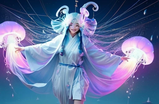 A Japanese mythological goddess riding a laughing cloud jellyfish、Make it rain with laughter、People flying in the sky々A being that absorbs the sadness of。(((A strange and mysterious human-parasitic extraterrestrial creature wearing clothing that parasitize...