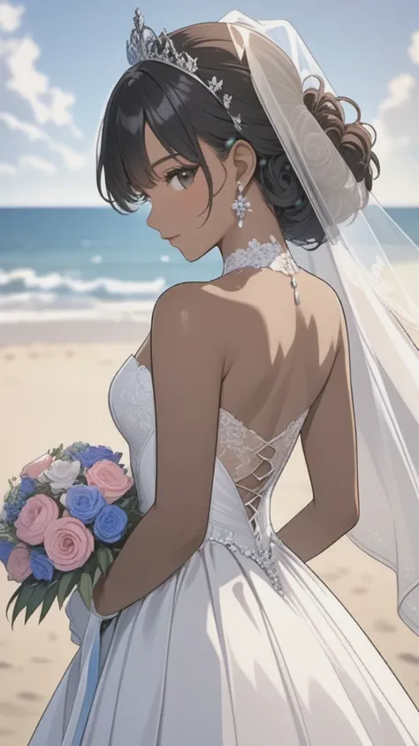 Two Brides, first with a strapless wedding dress, lace top, with trans flag colors(blue, white, pink), black eyes,(((brown skin))), transparent wedding veil, wearing white finger gloves, purple tiara, long wavy black hair, wearing silver high heels sandals...