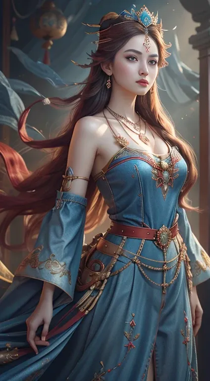 Best quality, masterpiece, ultra-detailed high resolution, (realistic: 1.4), original photos, illustrations,
1 Girl standing with a half moon fan, full body photo (solo: 1.2), (denim lens: 1.2), (hair sapphire crown: 1.2), red ruby chinese Dunhuang traditi...