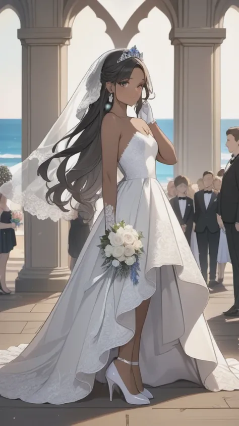 Two Brides:
first woman with a strapless wedding dress, lace top, with trans flag colors(blue, white, pink), black eyes,(((brown skin))), transparent wedding veil, wearing white finger gloves, purple tiara, long wavy black hair, wearing silver high heels s...