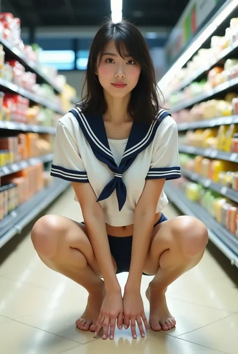 From below the front、A young and beautiful Japanese woman、Wearing a sailor suit、Wearing panties、Spread your legs and do squats、Dripping urine from panties、Place your hands on your knees、Taken from under the skirt、Blushing、Looking at the camera、Food section...