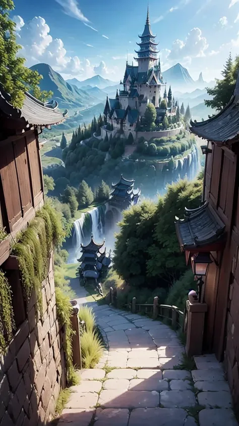 2. Mountain view with a waterfall and a tower in the center, Landscapes painted by Han Kang, CG Association Competition Winner, Fantasy art, Dreamy city in China, Chinese landscape, Chinese Fantasy, Made of wood and fantasy valley, View of the ancient city...