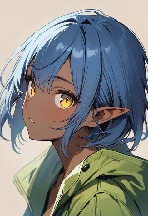 masterpiece, best quality, 1girl, solo, simple background,short hair,brown skin,blue hair,cat eyes,yellow eyes,pointy ears, green coat,