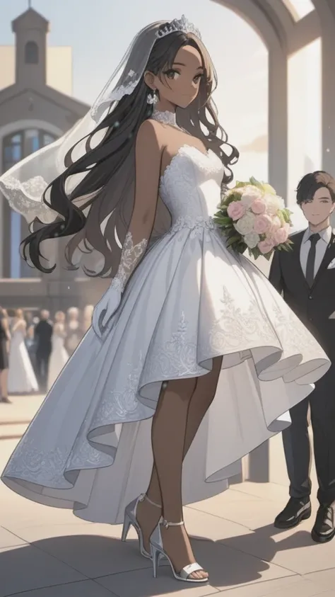 Two Brides:
first woman with a strapless wedding dress, lace top, with trans flag colors(blue, white, pink), black eyes,(((brown skin))), transparent wedding veil, wearing white finger gloves, purple tiara, long wavy black hair, wearing silver high heels s...