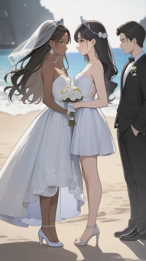 Two Brides:
first woman with a strapless wedding dress, lace top, with trans flag colors(blue, white, pink), black eyes,(((brown skin))), transparent wedding veil, wearing white finger gloves, purple tiara, long wavy black hair, wearing silver high heels s...