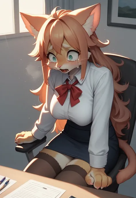 8k,ultra-detailed, ultra high resolution, top quality,studio lighting, ultra-fine painting,ultra sharp focus,top quality,perfect anatomy,furry girl,cat girl,kemono,(saggy eyes:1.1),teary-eyed,crying,Steamy,sweating,long hair,huge tits,ribbon-tie,suit skirt...