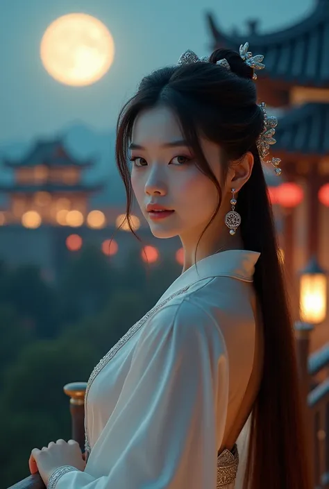 A young Chinese woman, delicate facial features,pink lip, long brown hair, wearing a traditional Chinese dress with white and light pink colors flowing gently in the breeze, wearing silver earrings and small necklaces ,standing on the balcony of an ancient...