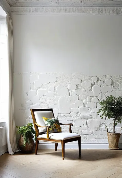 walls painted thick white with an oil painting touch