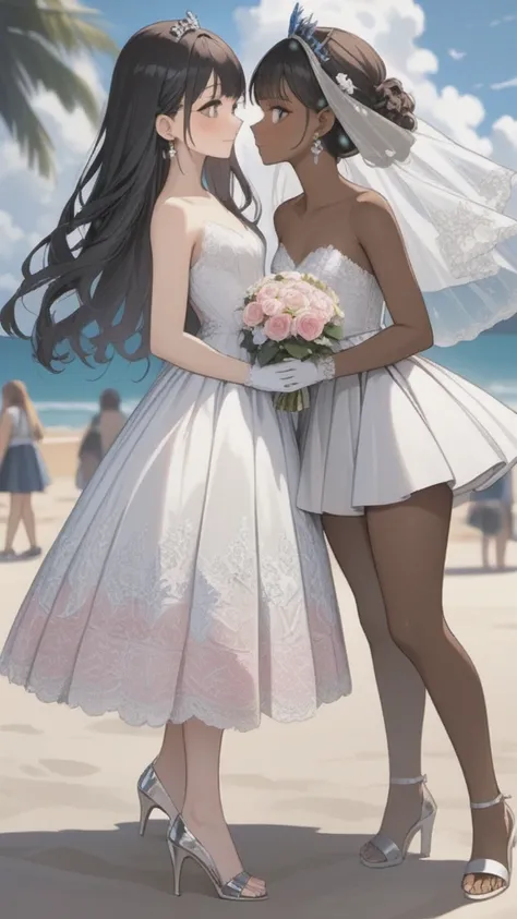 Two Brides:
first woman with a strapless wedding dress, lace top, with trans flag colors(blue, white, pink), black eyes,(((brown skin))), transparent wedding veil, wearing white finger gloves, purple tiara, long wavy black hair, wearing silver high heels s...